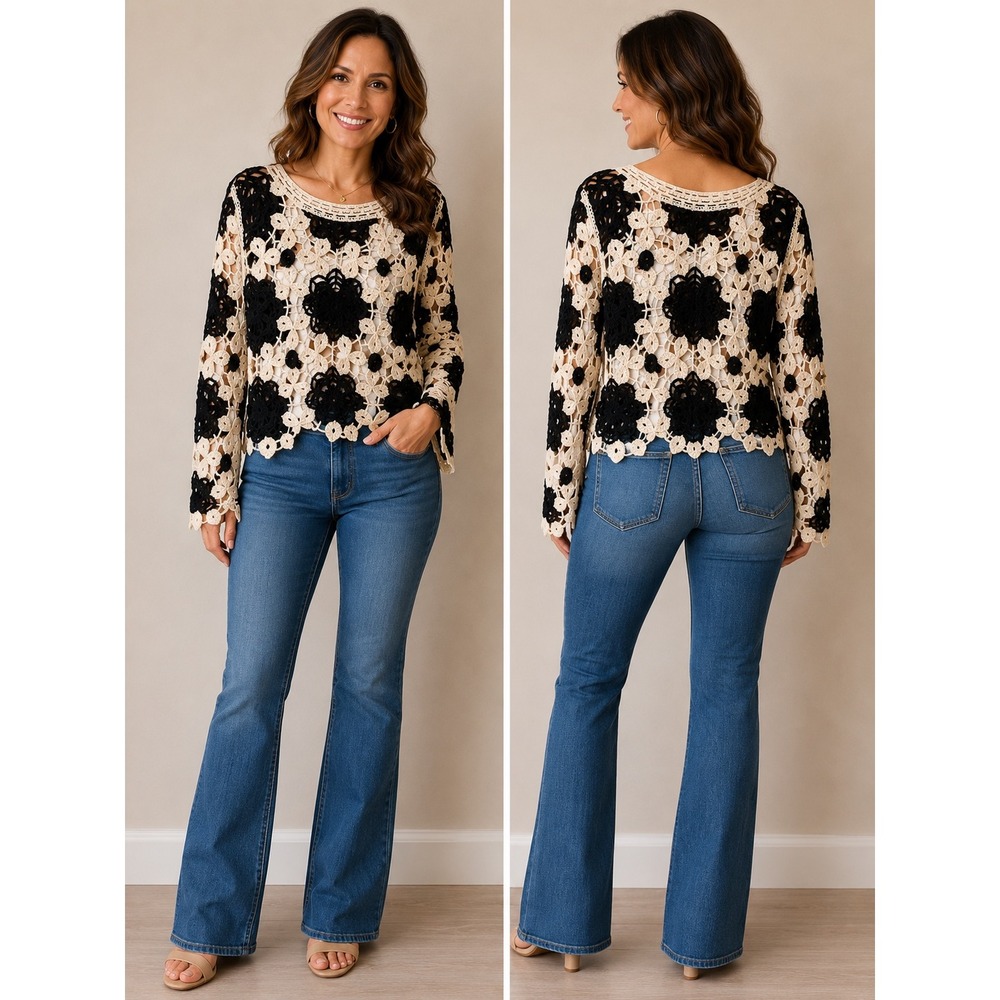 Cloth by Design Black Cream Floral Crochet Open Knit Long Sleeve Top Large